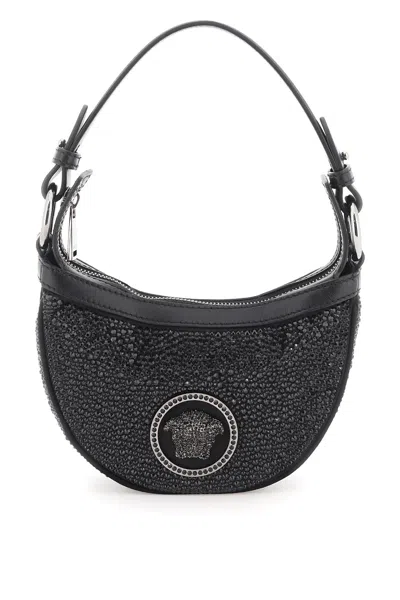 Versace Repeat Crystal Mini Hobo Bag In Black Ruthenium (black)