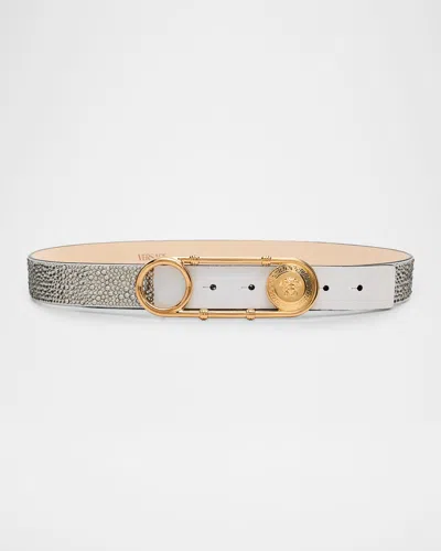 Versace Crystal Safety Pin Leather Belt In Gray