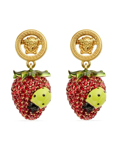 Versace Crystal Strawberry Garden Earrings In Gold