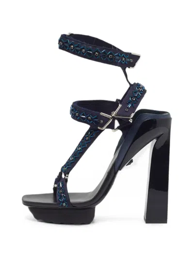 Pre-owned Versace Crystal-embellished Ankle-strap Sandals In Blue
