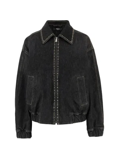 Versace Crystal-embellished Denim Jacket In Blue