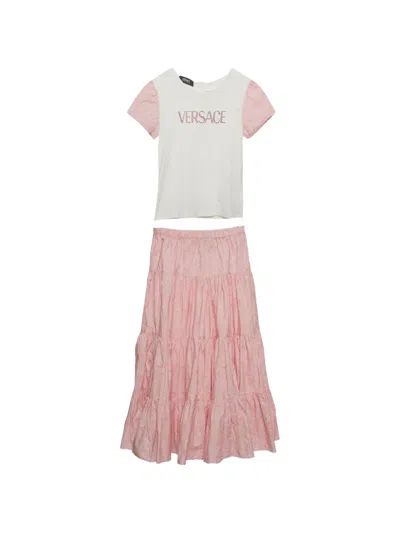 Pre-owned Versace Kids' Crystal-embellished Maxi Skirt And T-shirt Set In Pink