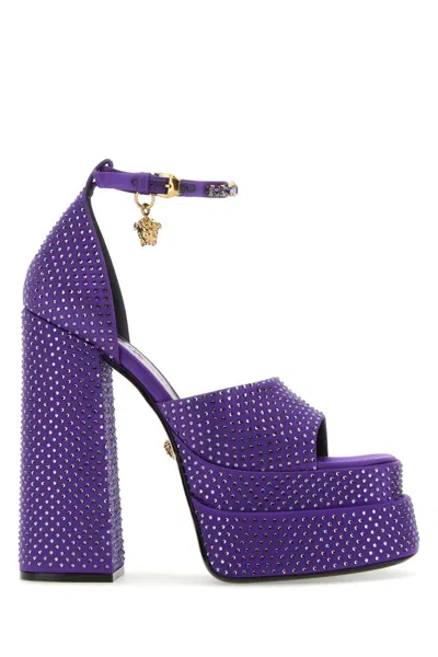 Versace Crystal-studded Platform Sandal In Purple