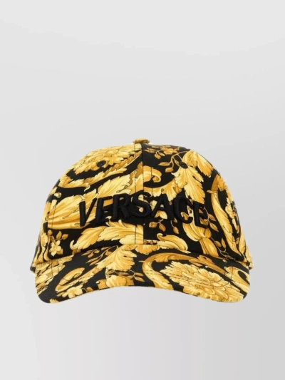 Versace Curved Visor Cotton Cap With Barocco Embroidery In Black/gold/black