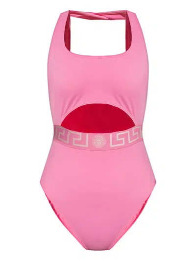 Versace Cut-out Belted Swimsuit In Pink