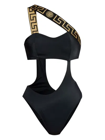 Versace One Piece Swimsuit With Greek Border In Black