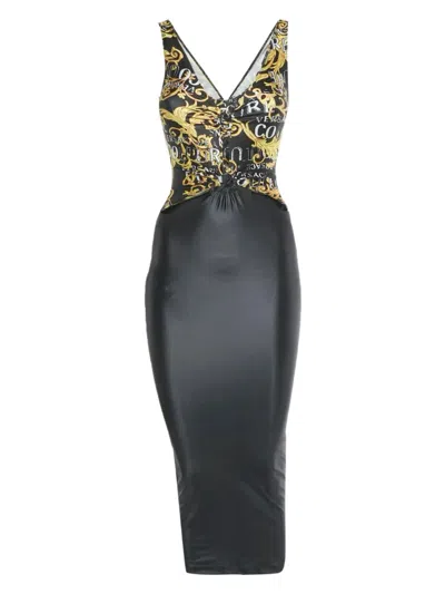 Pre-owned Versace Cut-out Graphic-print Midi Dress In Black
