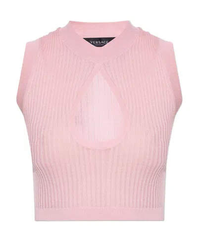 Versace Cut-out Ribbed Crop Top In Pink