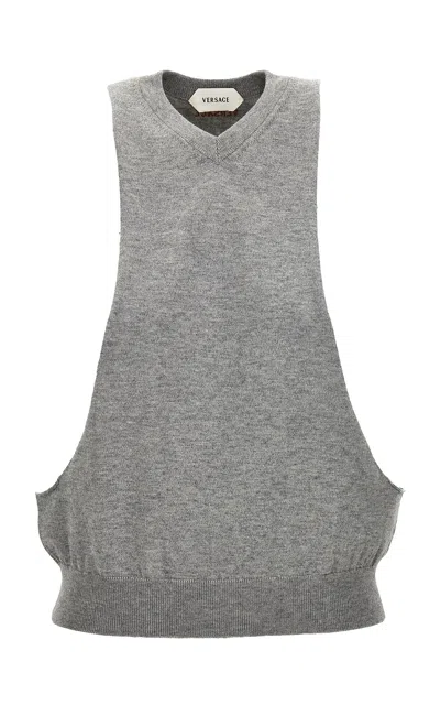 Versace Cutout Cotton-cashmere Tank Top In Gray