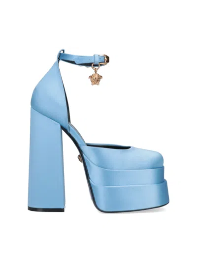 Versace Medusa Aevitas Embellished Satin Platform Pumps In Light Blue