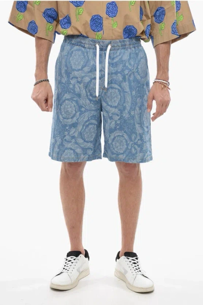Versace Damask Cotton Shorts With Drawstring In Blue