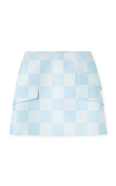 Versace Damier-print Silk-blend Duchess Satin Mini Skirt In Blue White