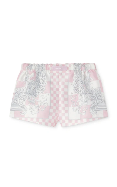 Versace Damier Print Silk Twill Baroque Shorts In Pink White Silver