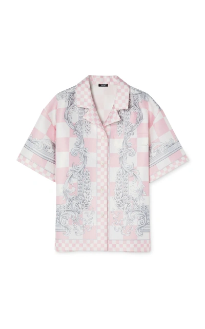 Versace Damier-print Silk-blend Duchess Satin Shirt In Pastel Pinkwhitesi