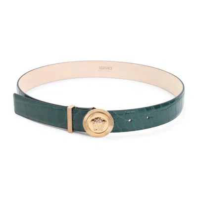 Versace Dark Green Medusa Buckle Belt In Brown