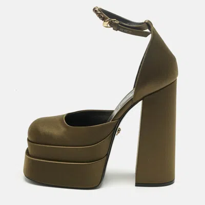 Pre-owned Versace Dark Green Satin D'orsay Crystal Embellish Platform Pumps Size 40