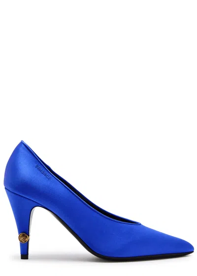 Versace Satin High Heels With Bejeweled Medusa Hardware And Pointed Toe In Blue