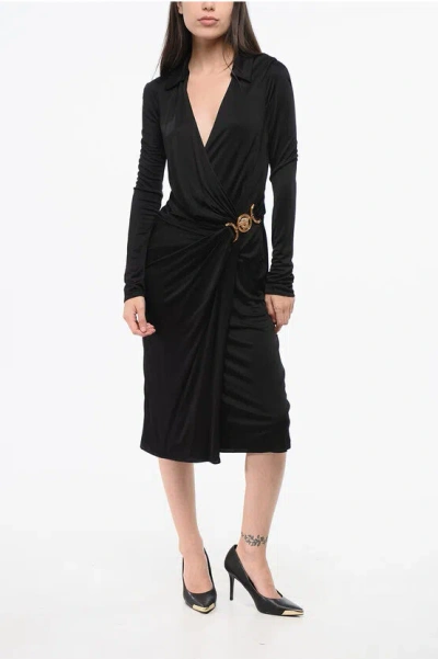 Versace Deep Neckline Crepe De Chine Bodycon Dress In Black
