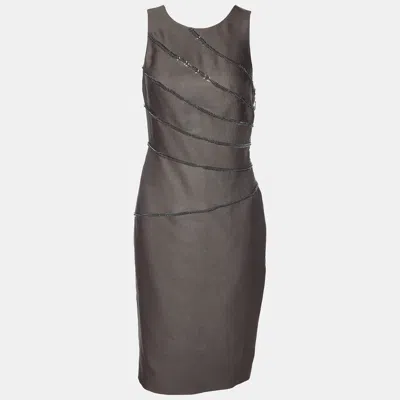 Pre-owned Versace Deep Taupe Wool & Silk Fishbone Chain Detail Dress S In Brown