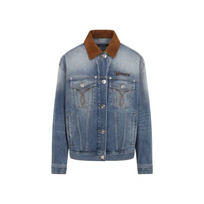 Versace Cotton Denim Jacket Long Sleeves Contrast Collar In Blue
