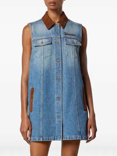 Versace Women Blue Sleeveless Buttoned Mini Dress, M Luxury Dresses For Women Darveys