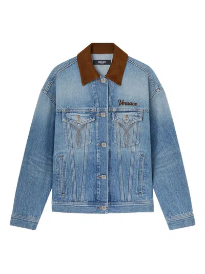 Versace Cotton Denim Jacket Long Sleeves Contrast Collar In Blue