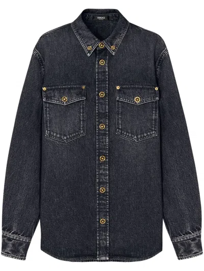 Versace Stonewash Cotton Denim Shirt In Black