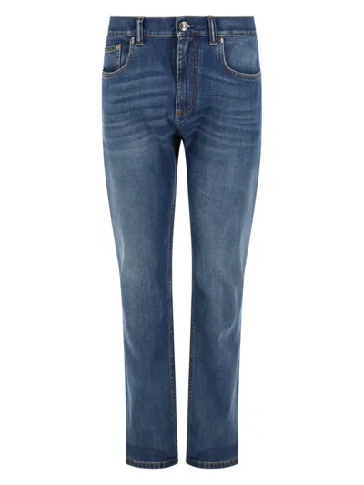 Versace Denim Elastane Cotton Calf Leather Jeans In Blue