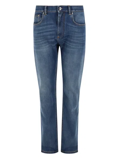 Versace Denim Elastane Cotton Calf Leather Jeans In Blue