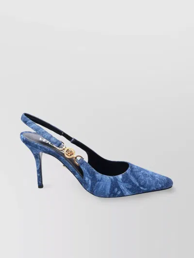 Versace Embellished Printed Denim Slingback Pumps In Azul