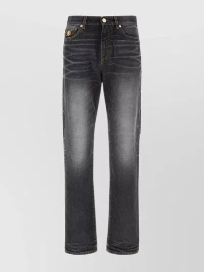 Versace Denim Jeans With Faded Effect And Contrast Stitching In Black