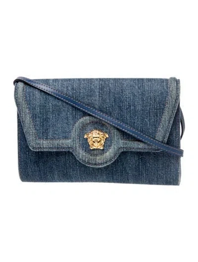 Pre-owned Versace Denim La Medusa Wallet On Chain Mini In Blue