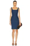 Versace Stripe Embroidered Sleeveless Denim Dress In Medium Blue