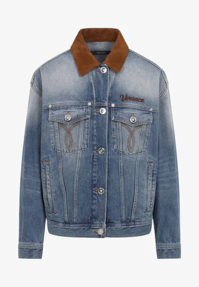 Versace Denim Overwashed Jacket With Embroidered-logo In Blue