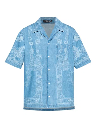 Versace Laser Denim Holiday Print Shirt In Blue