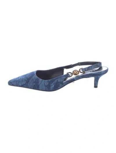 Pre-owned Versace Denim Printed Slingback Pumps In Blue