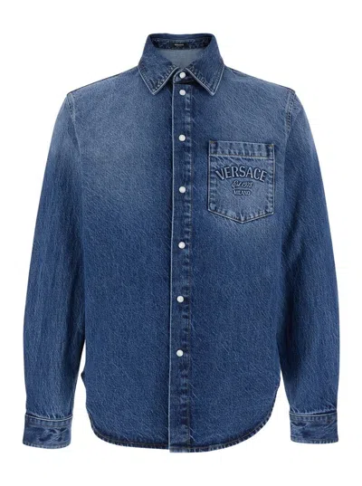 Versace Indigo Blue Washed Denim Shirt With Embossed Logo