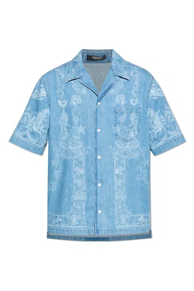 Versace Laser Denim Holiday Print Shirt In Blue