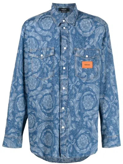 Versace Barocco Silhouette Denim Shirt In Blue+print