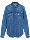 Versace Women Denim Shirt With Frayed Edges In Blue