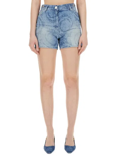 Versace High-rise Straight-leg Denim Shorts In Blue