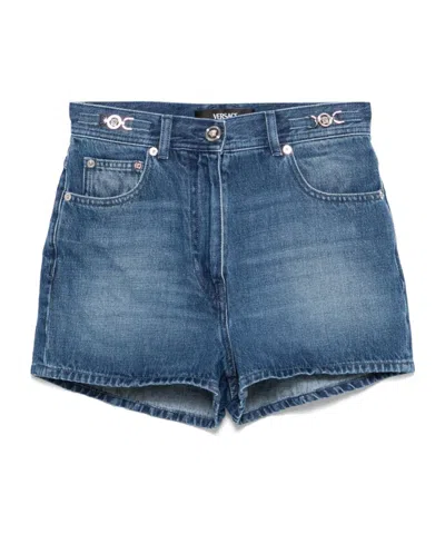 VERSACE VERSACE LOGO-PATCH DENIM SHORTS
