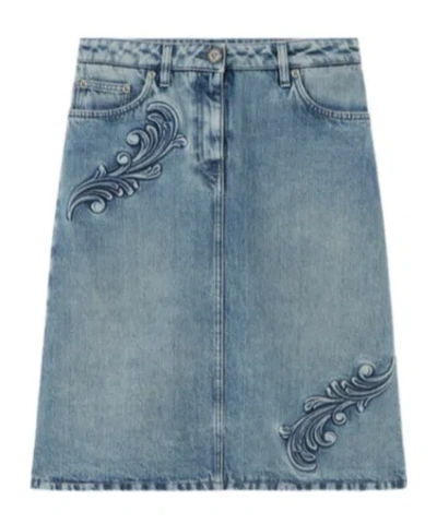 Versace Barocco Denim A-line Midi Skirt In Bleu