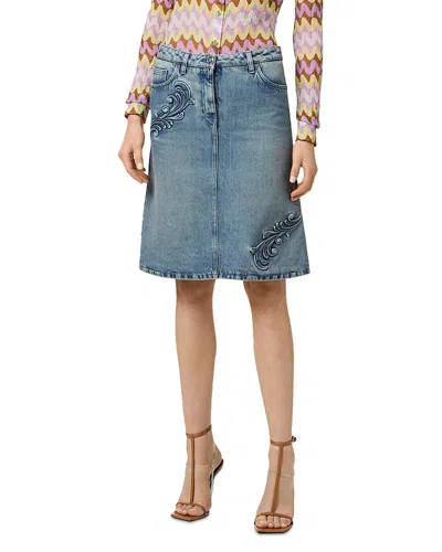Versace Barocco Denim A-line Midi Skirt In Bleu