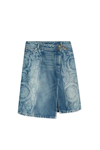 Versace Denim Skirt With Front Slit In Blue