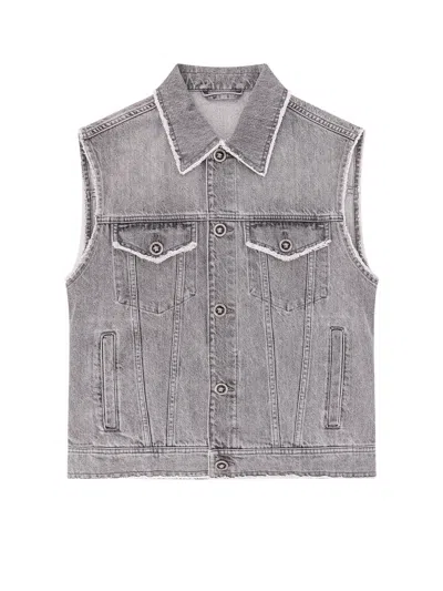 VERSACE DENIM SLEEVELESS JACKET WITH RIPPED PROFILES