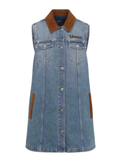 Versace Women Blue Sleeveless Buttoned Mini Dress, M Luxury Dresses For Women Darveys
