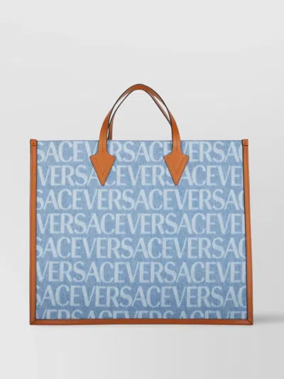 Versace All-over Logo Denim Tote Bag In Blue