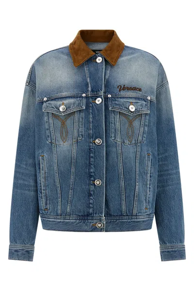 Versace Denim Trucker Jacket With Medusa Hardware In Blue