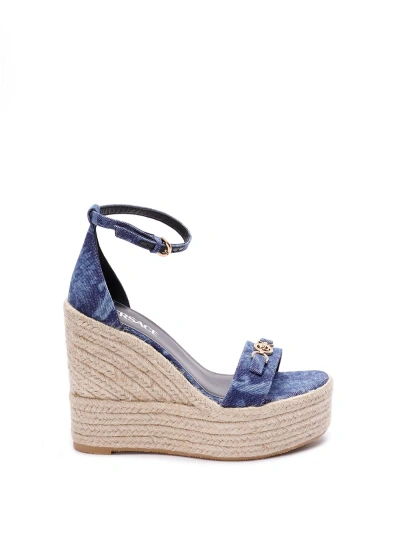 Versace Denim Wedge Espadrilles In Blue